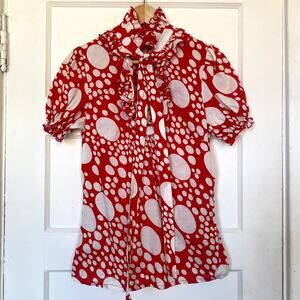 Artsy Red White Polka Dot Frilly High Collar Blouse Yayoi Kusama Short Sleeve